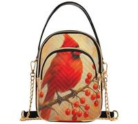 Single Shoulder Handbags Quilted Chain Strap Cell Phone Purse Aesthetic Zipper Bowler Tote Ladies Satchel Vibrant Christmas Red Bird, 5.91x3.15x8.27inches