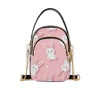 Single Shoulder Purse Women Quilted Cell Phone Purse Chain Strap Cute Zipper Crossbody Bowler Bag Cute Bunnies White Rabbits Pink