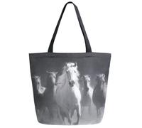 Single Shoulder Shopping Bag Black White Group Horse Shopping Bags Reusable Handbag Shoulder Totes For Picnic Travel Work