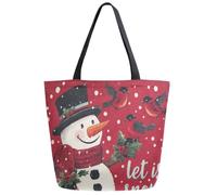Single Shoulder Shopping Bag Christmas Cute Snowman In Scarf Play With Red Sparrow Shopping Bags Women Handbag Lightweight Tote Beach Bags For Picnic Best Friend Work