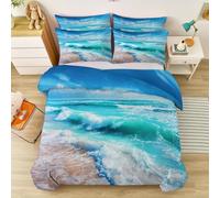 Single Size 135 X 200 Cm Duvet Cover Set Floral Printed Bedding Blue With Pillowcases - Microfiber Quilt Cover Nature Waves Beach Reversible Soft Easy Care