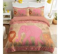 Single size 200 x 200 cm Duvet Cover Set, Warm Pink Bedding Set with Animal, Elephants Lions Africa Bed Linen for Children's Bedroom Guesthouse, Vintage Fairy Tale Pillowcases, Soft Microfibre