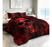 Single Size Coverless Duvet 135 x 200 cm, Fantasy Halloween Skull Fire Coverless Quilt Comforter with Pillowcase - Breathable Non-Allergenic Reversible Bedding All Season Quilt Girls Boys, Red