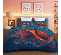 Single Size Coverless Duvet Set, The Sea Animals Bedding Set Red Octopus Ocean Waves Machine Washable Quilt with 2 Pillowcases, Reversible Lightweight Comforter for Easy All-Season