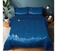 Single Size Duvet, 10.5 Tog Down Alternative Comforter Set with 2 Shams, Patterns Of Stars Mountains And The Moon Reversible Coverless Duvet Soft Bed Quilt for All Seasons, 135 x 200 cm, Blue