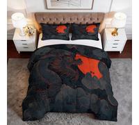 Single Size Duvet, 7.5 Tog Down Alternative Comforter Set with 2 Shams, Chinese Style Animals Dragon Moon Reversible Coverless Duvet Microfiber Soft Warm Bed Quilt for All Seasons, 135 x 200 cm, Grey