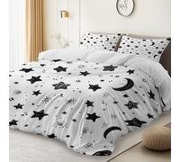 Single Size Duvet Cover Set, Doodles Stars Moon Theme, White Brushed Microfiber, Ultrasoft & Hypoallergenic Bedding Set with Zipper (53 × 79") Includes 2 Pillowcases