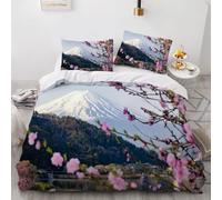 Single Size Duvet Cover Set Japanese Style 3D Printed Bedding Set Soft Microfibre Pink Flowers and Snow-Capped Mountains Quilt Cover 150x200 cm with Zipper Closure with 2 Pillowcases 50x75 cm a2385
