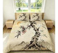 Single Size Duvet Cover Set Pine and Bamboo Classical Illustration 3 Piece Off White Bedding with Zipper Closure Breathable Soft Quilt Cover with 2 Pillowcases for Adult Kids Teens G-1527