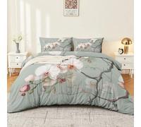 Single size Duvet Cover Set Printed - Soft Brushed Microfiber Duvet with Pillow Case,Chinese Style Flowers Magnolia Simplicity Elegance Bedding Quilt Cover Set,Gray-Green Decorative Bedroom Decor