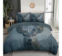 Single Size Duvet Cover Set, Ultra Soft Comfy Quilt Covers Bedding Set Double Exposure Deer Print Bedding Misty Forest Silhouette Design Duvet Covers with Pillowcase, Blue