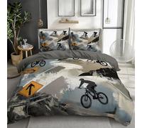 Single Size Duvet Cover Sets 135 x 200 cm, Reversible Silhouette Collage Mountain Bike Bedding Set, Soft Breathable Road Sign Rocks Duvet Cover for Kids Adults Lightweight Bedding, Easy Care
