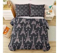 Single Size Duvet Cover Sets - Eiffel Tower Heart Shape Bedding Set with Pillowcases, French Romantic soft Microfiber Luxury, Non Iron Quilt Cover with Zipper Closure, 135 x 200 cm