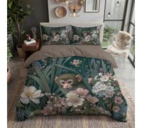 Single Size Duvet Cover Sets - Plants And Flowers Bedding Set with Pillowcases, Ultrasoft Microfiber Luxury Non Iron Quilt Cover with Zipper Closure, Monkey, Wildflowers, Grass Leaves Green 135x200cm