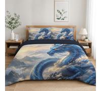 Single Size Duvet Cover Sets Soft Chinese Dragon Bedding Se|Blue Washable Quilt Covers Brushed Microfiber Dragons Coiled Around The Sea Of Clouds Mountain Peaks Duvet Covers with Pillowcases 135x200cm