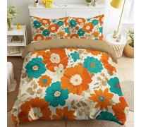 Single Size Duvet Cover Sets Soft Reversible Printed Bedding Set Orange Cyan, Vintage Floral Off-White Dahlias Classic Brushed Quilt Cover 135 x 200 cm with Pillowcase