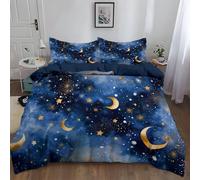 Single Size Duvet Cover, Soft Microfiber Dark Blue Magical Exquisite Celestial Bodies Star Moon Duvet Cover with 2 Pillowcases and Zipper Closure 135 x 200 cm, Suitable for adults and children