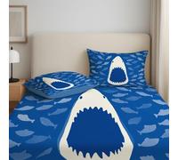 Single Size Fitted Sheet - 90 x 190 x 30 Bedspread Minimalist Cartoon Shark Open Mouth Deep Pocket, Soft Microfibre, Wrinkle-Free, Easy Care, Fade & Shrink Resistant - Light Blue Bedspread