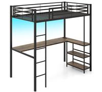 Single Size Loft Bed With Desk LED Platform Bed With Charging Station Gymax Black Single