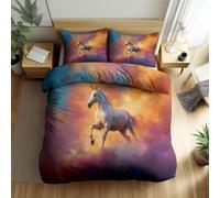 Single Size Luxury Printed Duvet Cover (135 × 200 cm), Fantasy Animals Unicorns Clouds Bedding Set with Pillowcases, Soft Hypoallergenic Dark Pink Duvet Covers