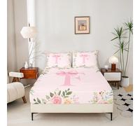 Single Size Personalized Initial F Fitted Sheet With 1 Pillowcases Boys Girls Coquette Pink Bow Bedding For Kids Ultra Alphabet Letter Bed Sheets Set 16" Deep Pocket Floral Room Decor Microfiber