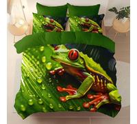 Single Size Printed Duvet Cover Sets with 2 Pillowcases - Soft Green Brushed Microfiber Quilt Cover, Reality Tree Frog Water Drops Reversible Pattern Bedding for Comfort Sleep