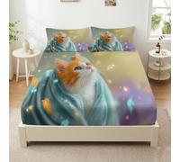 Single Size Ultra-Soft Fitted Sheet, Dreamy Soft Brushed Microfiber Bedding Set, Wrinkle Free Animals Kitten Starlight Bed Sheets 90 x 200 cm - 30 cm Deep Pocket