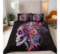 Single Skull Colorful Flowers Fusion-D Bedding Set Ultra-Soft Microfiber Duvet Cover Set 3Pcs-135x200cm+2 Pillowcases 50x75cm-Mysterious Dreamy 3D Printed Design with Zip Closure & Corner Ties