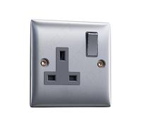Single Socket Brushed Steel | VELTZ Pro | 13 Amp 1 Gang | Slim Curved Round Edge Design | Plug Wall Electrical Power Switched