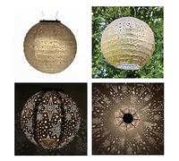 Single Solar Lantern Round Diameter 20 cm Gold Stars Matt Made from Tyvek Lantern with Solar Panel and Rechargeable Batteries