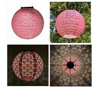 Single Solar Lantern Round Diameter 20cm Pink Pearl Japanese Fans Made from Tyvek Lantern with Solar Panel and Rechargeable Batteries