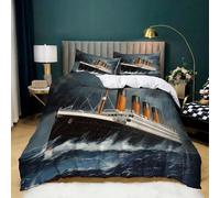 Single Titanic Theme 3D Printed Duvet Cover Set, Sailing Ship Bedding with 4 Corner Ties & Hidden Zipper, Soft Brushed Microfiber 3-Piece Quilt Cover for Kids Teens & Adults, Fade-Resistant Navy Blue