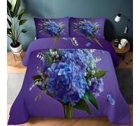 Single Warm Duvet Set Blue Purple Quilted Bedspread Set 2PCS, Cosy Soft Reversible Plants Fern Leaves Flowers Hydrangeas Duvet All Seasons Lightweight and Warm Comforter 135 x 200 cm