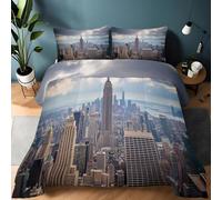 Single Warm Duvet Set Multicolored Quilted Bedspread Set 2PCS, Cosy Soft Reversible New York City Architecture Clouds Duvet All Seasons Lightweight and Warm Comforter 135 x 200 cm