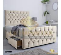 (Single (without Drawer), Cream Plush (with Mattress)) PLUSH DIVAN BED SET WITH MATTRESS 54" CHESTERFIELD HEADBOARD&FOOTBOARD ALL SIZES