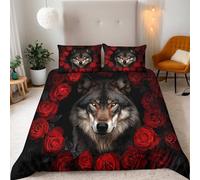 Single Wolf Surrounded By Roses Bedding Set Ultra-Soft Microfiber Duvet Cover Set 3Pcs - 135x200cm + 2 Pillowcases 50x75cm-Animal 3D Printed Design with Zip Closure & Corner Ties