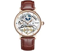 singmay Men's Automatic Mechanical Skeleton Watch with Moon Phase & Dual Time, Rose Gold Case White Dial on Brown Leather Strap, 30M Water Resistant