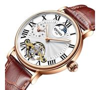 singmay Men's Automatic Mechanical Tourbillon Watch with Rose Gold Case, White Skeleton Dial, Brown Leather Strap, Dual Time, Moon Phase, Luminous Hands, 30M Water Resistant