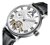 singmay Men's Automatic Mechanical Tourbillon Watch with Silver Tone Case, White Skeleton Dial, Black Leather Strap, Dual Time, Moon Phase, Luminous Hands, 30M Water Resistant