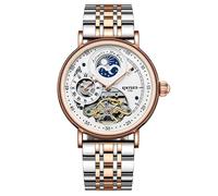 singmay Men's Automatic Mechanical Watch with Rose Gold Case, White Skeleton Dial, Moon Phase, Dual Time, Luminous Hands, 30M Water Resistant, Two-Tone Rose Gold Steel Band