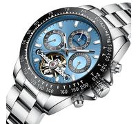 singmay Men's Elegant Automatic Watch, Silver Case Black Bezel, Blue Dial, Stainless Steel Band, Mechanical Movement with Day, Date & Moon Phase, 30M Waterproof, Exhibition Case Back