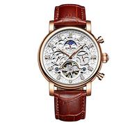 singmay Men's Elegant Mechanical Watch, Rose Gold Tone Case,White Skeleton Dial,Brown Leather Strap,Auto Movement with Date/Day/Moon Phase,30M WR,Alloy Case Mineral Glass