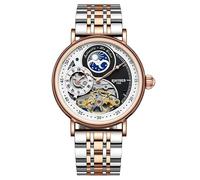 singmay Men's Multifunction Automatic Watch, Rose Gold Case, Black Dial, Moon Phase, Dual Time Zone, Luminous Indices, 30M Water Resistant, Two-Tone Rose Gold Steel Strap
