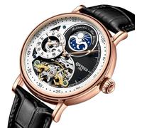 singmay Men's Rose Gold Alloy Case Black Dial Black Leather Strap Automatic Mechanical Watch with Dual Time Moon Phase Luminous Skeletal Dial 30M Water Resistant