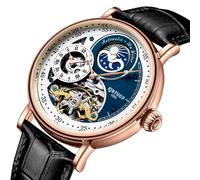 singmay Men's Rose Gold Alloy Case Blue Dial Black Leather Strap Automatic Mechanical Watch with Dual Time Moon Phase Luminous Skeletal Dial 30M Water Resistant