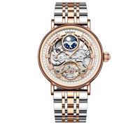 singmay Men's Rose Gold Automatic Mechanical Watch with Hollow Dial, Dual Time Zone, Moon Phase, Luminous Markers, 30M Water Resistant, Two-Tone Rose Gold Steel Band, Mineral Glass, Hollow Case Back