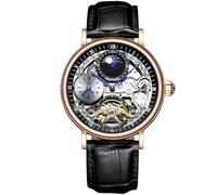 singmay Men's Rose Gold Tone Case Black Dial Black Leather Strap Automatic Mechanical Skeleton Watch with Dual Time Zone, Moon Phase, Luminous Markers, 30M Water Resistant