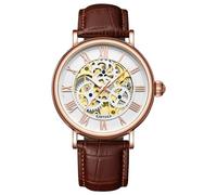 singmay Men's Rose Gold Tone Case Two-Tone White Dial Brown Leather Strap Skeleton Automatic Mechanical Watch with Night Light, 30M Water Resistant