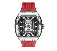 singmay Men's Silver Case Black Dial Automatic Mechanical Tourbillon Watch with Skeleton Design, 30M Water Resistant, Red Silicone Strap