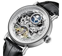 singmay Men's Silver Case White Dial Mechanical Watch with Hollow Movement, Dual Time Zone, Moon Phase, Luminous Hands, 30M Water Resistant, Black Leather Strap, Mineral Glass, Hollow Case Back